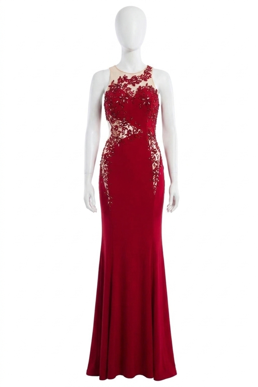 NEW RACHEL ALLAN lace applique on a fitted jersey prom gown in red